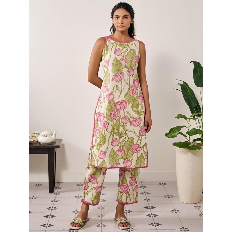 anayna Floral Printed Round Neck Thread Work Straight Kurta with Trousers