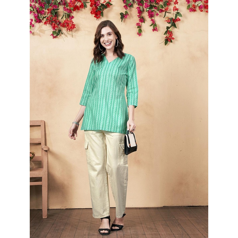 Anouk Rustic Women Striped V-Neck Pure Cotton Short Kurti