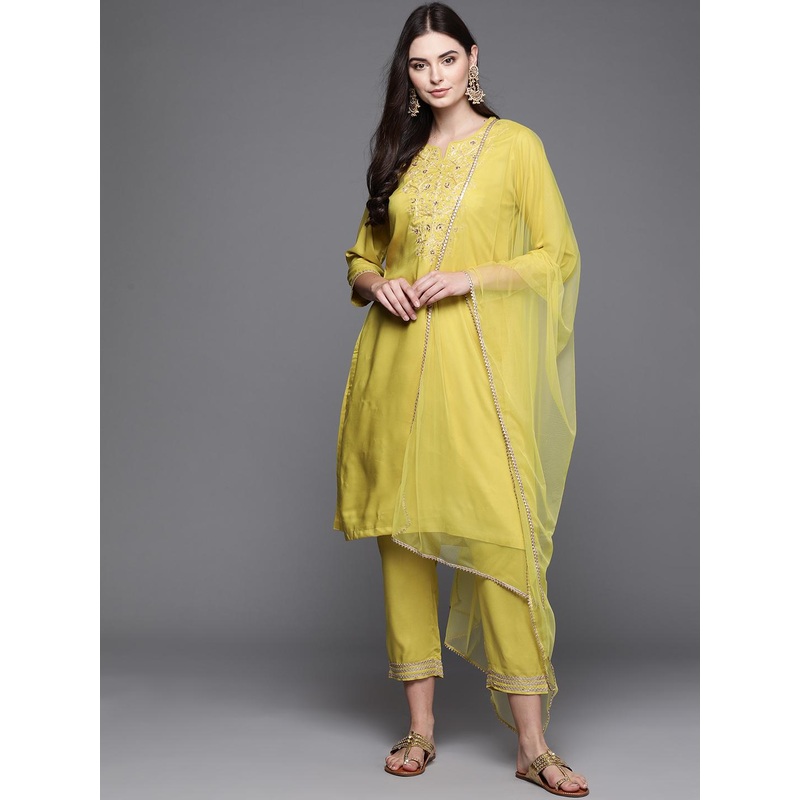 Biba Women Lime Green Embroidered Kurta with Trousers & Dupatta