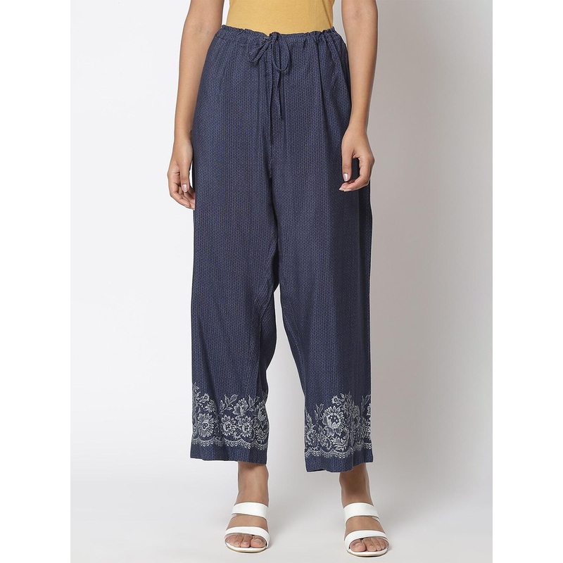 Biba Women Navy Blue Floral Printed Cropped Ethnic Palazzos