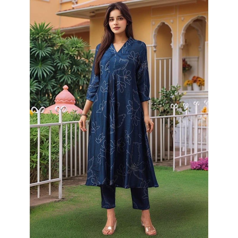 GoSriKi Ethnic Motifs Printed V-Neck A-Line Kurta With Trousers