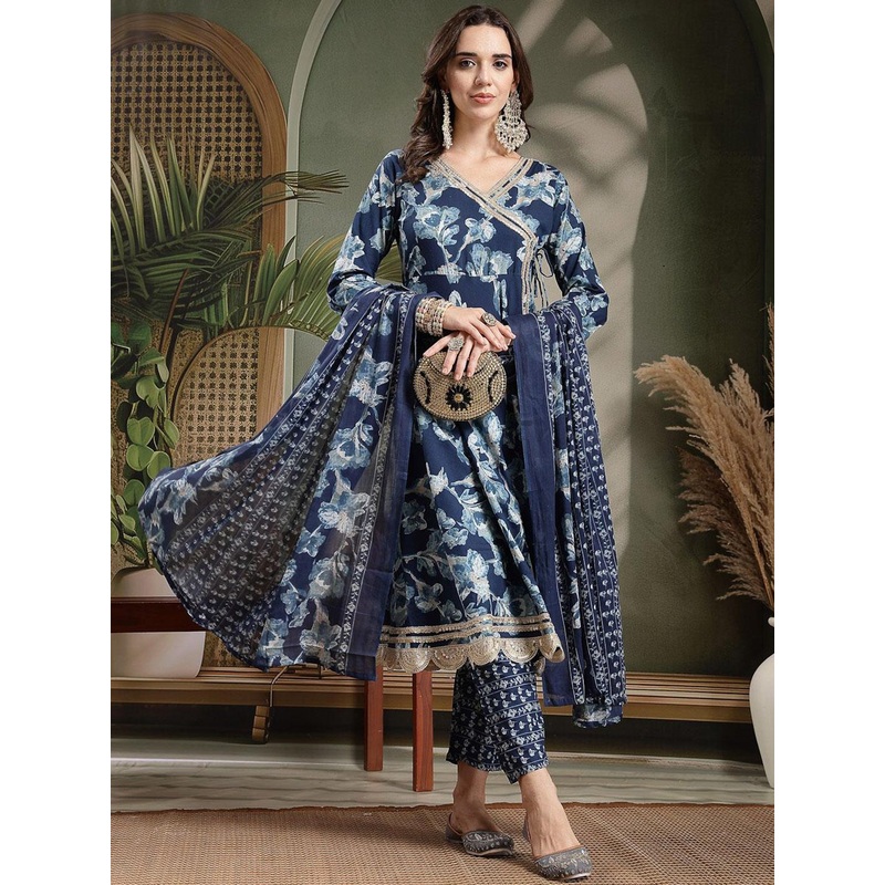 HERE&NOW Women Ethnic Motifs Angrakha Pure Cotton Kurta with Palazzos & With Dupatta