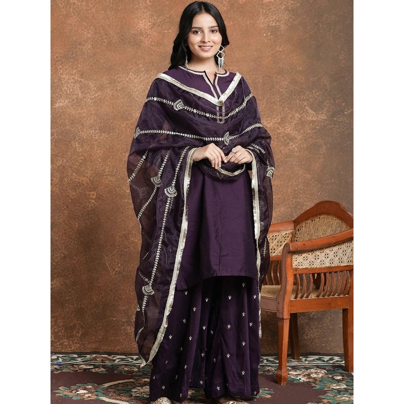 HERE&NOW Women Ethnic Motifs Regular Kurta with Palazzos & With Dupatta