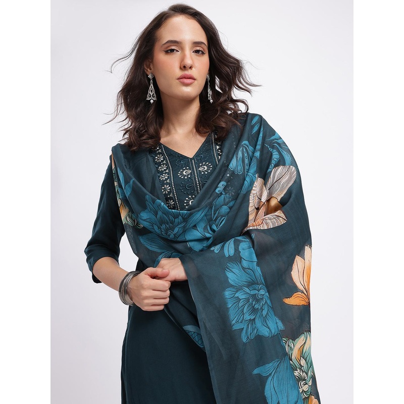 HERE&NOW Yoke Design Thread Work Kurta with Trousers & With Dupatta