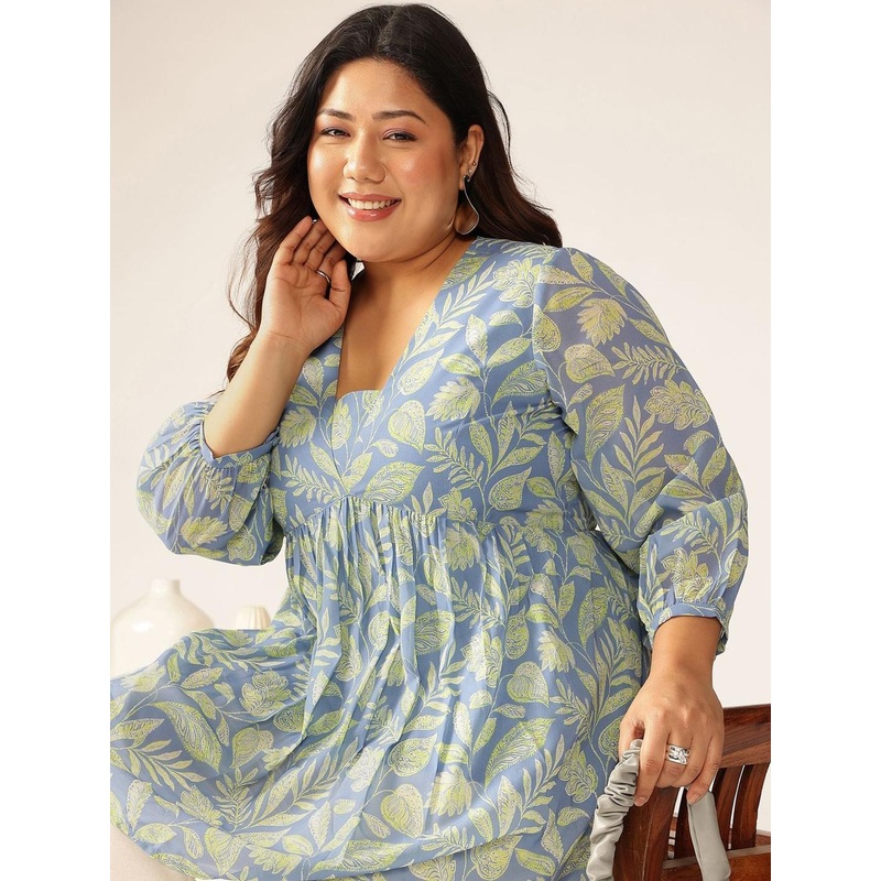 Janasya Women Plus Size Blue Georgette Tropical Printed A-line Tunic