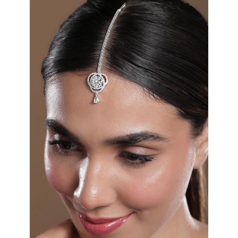 Rubans Rhodium-Plated White Cubic Zirconia Studded Statement Maang Tikka