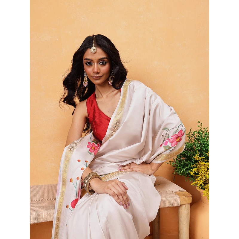 Silk Land Floral Printed Zari Silk Ready to Wear Kasavu Saree