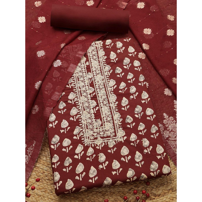 Soch Floral Printed Thread Work Jam Cotton Unstitched Dress Material