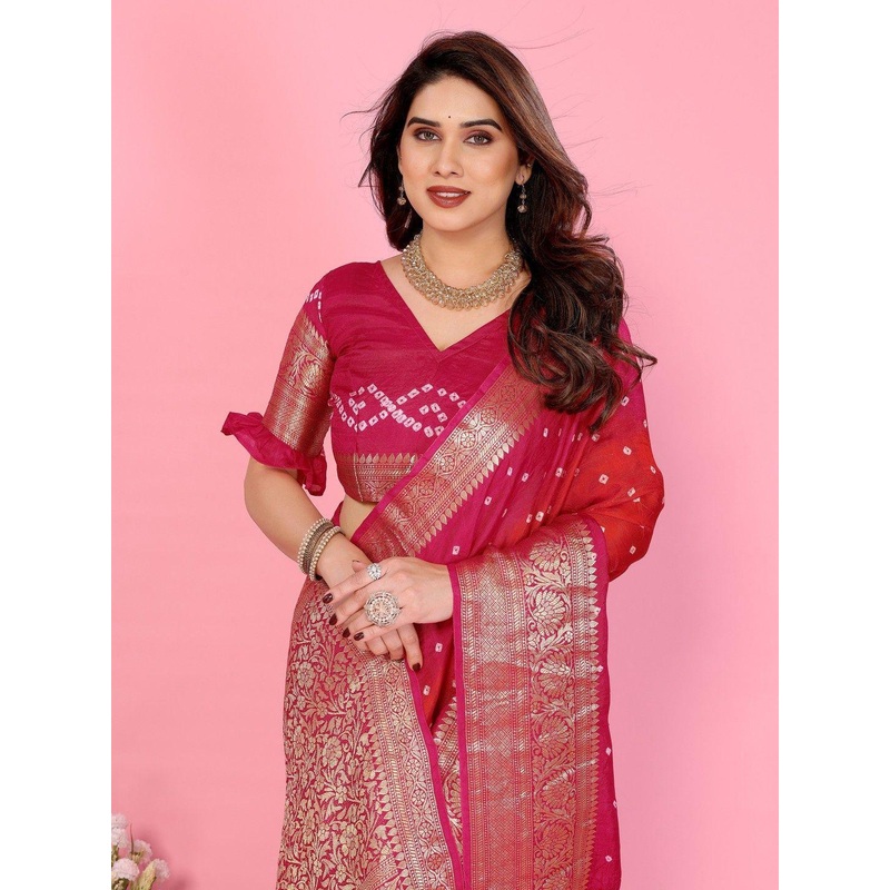 Taavi Jacquard Weave Silk Pure Zari Border Tie & Dye Saree