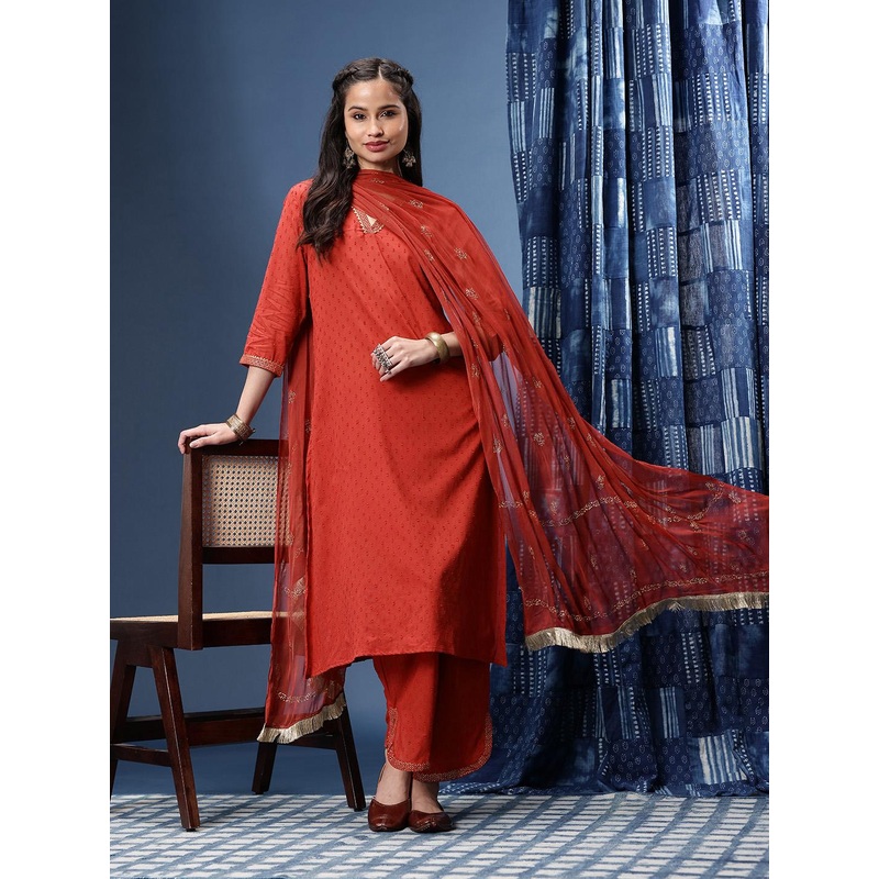Taavi Regular Textured V-Neck Gotta Patti Pure Cotton Rogan Kurta & Trousers With Dupatta