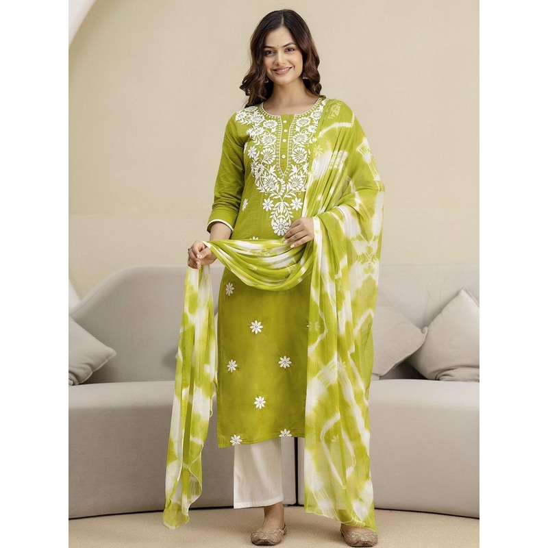 Trendmalls Women Floral Embroidered Cotton Kurti with Trousers & Dupatta