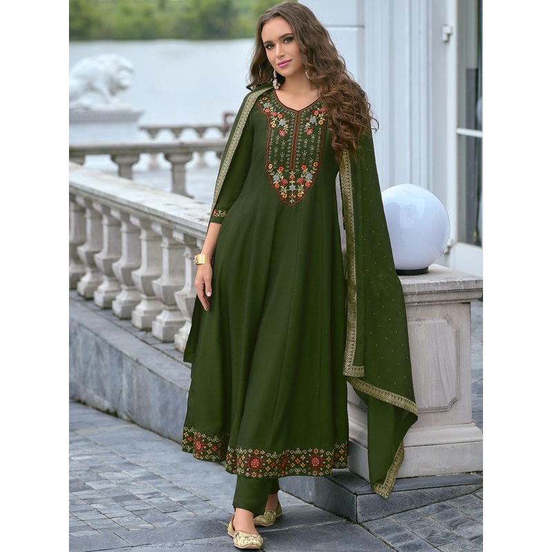 VredeVogel Floral Embroidered V-Neck Sequinned Anarkali Kurta With Trouser And Dupatta