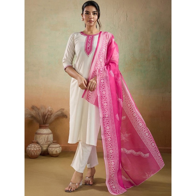 Women Basket Women Embroidered Regular Thread Work Pure Cotton Kurta Set  With Dupatta