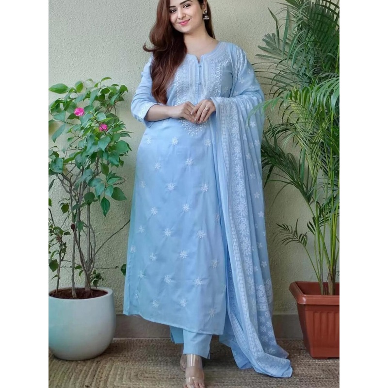 Women Floral Embroidered Regular Thread Work Kurta with Trousers & With Dupatta