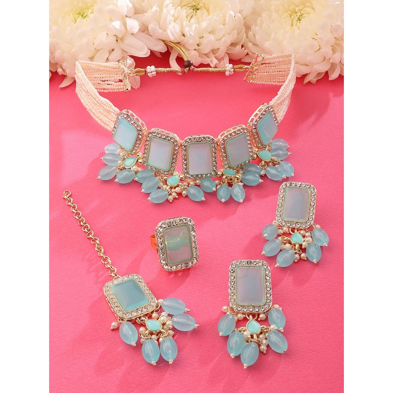 Zaveri Pearls Gold-Plated Stone & Beads-Studded Layered Jewellery Set