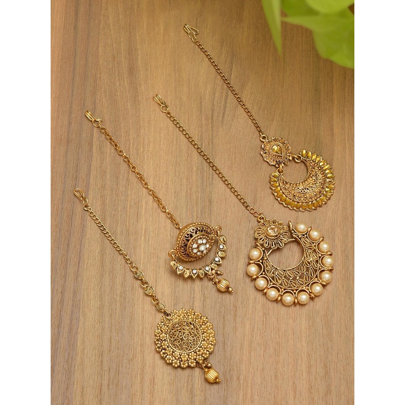 Zaveri Pearls Set of 4 Gold-Plated Stone Studded Maang Tikkas