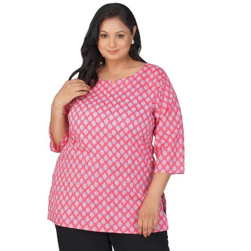 30 Looks Plus Size Floral Printed Notch Neck Pure Cotton Kurti
