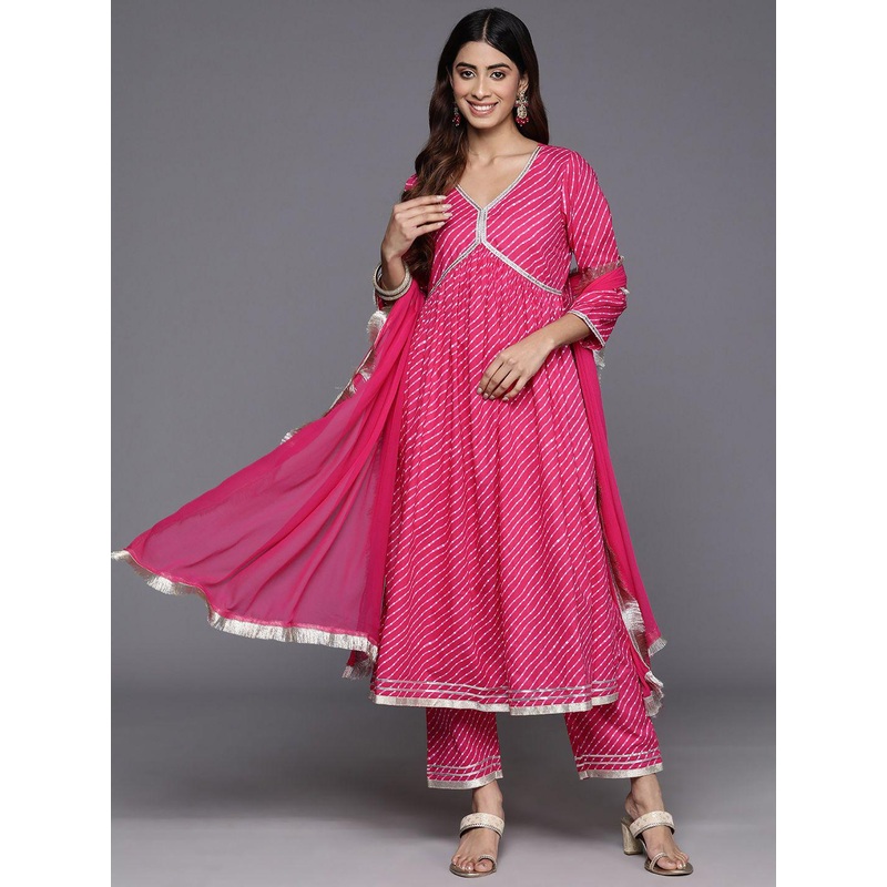 all about you Women Leheriya Striped Cotton A-Line Kurta with Trousers & Dupatta