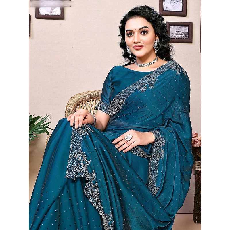 ANJANI TEXTILE Embellished Beads and Stones Tissue Heavy Work Saree