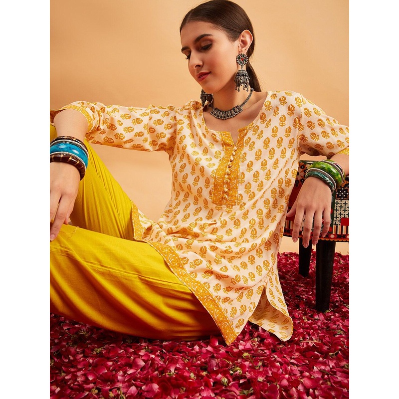 Anouk Mustard Yellow Ethnic Motifs Printed Straight Short Kurti