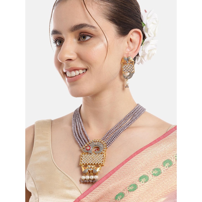 Anouk Women Gold-Plated Kundan & Pearl Studded Layered Necklace with Earrings