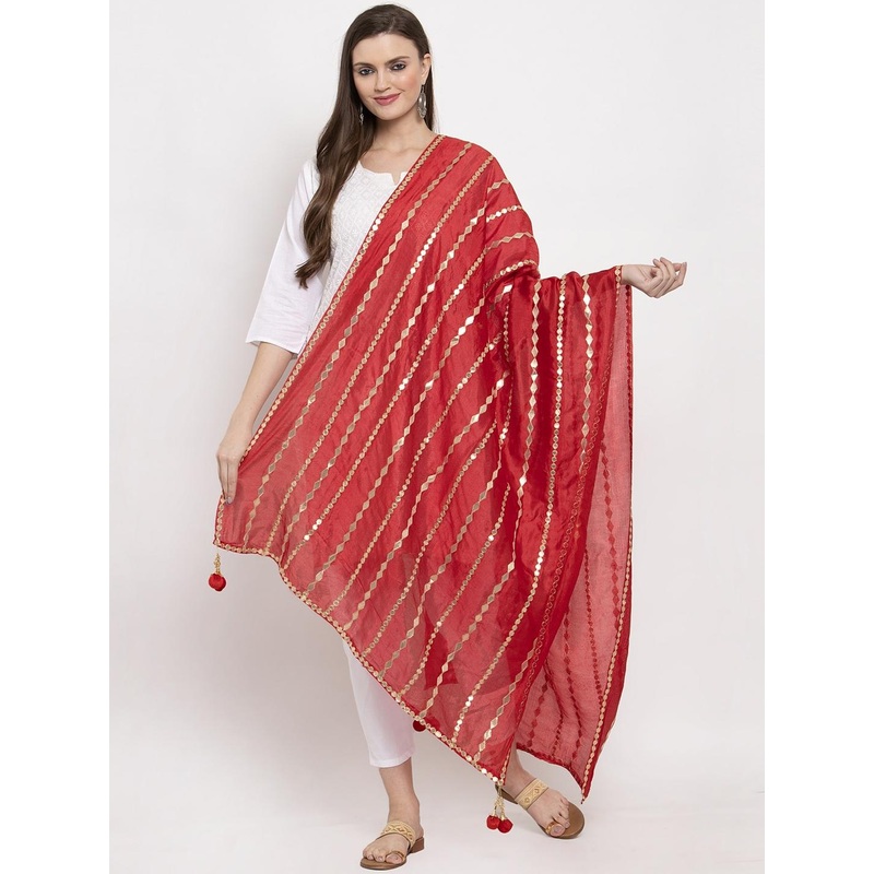 Clora Creation Red Striped  Gotta Patti Silk Dupatta