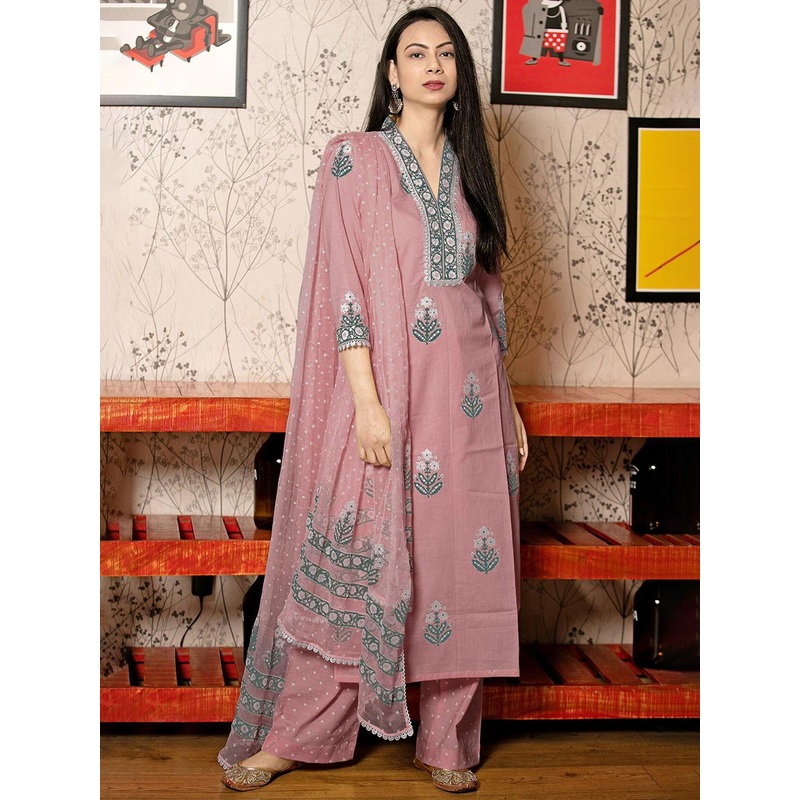 GoSriKi Women Floral Printed V-Neck Kurta With Palazzos & Dupatta