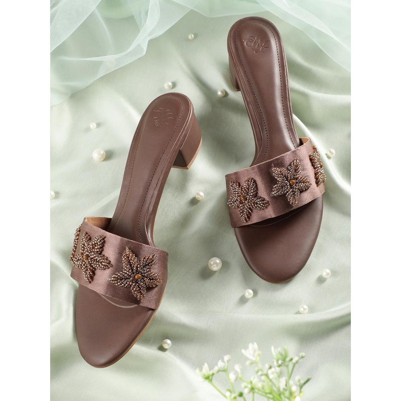 House of Pataudi Beads Embellished Floral Comfort Heels