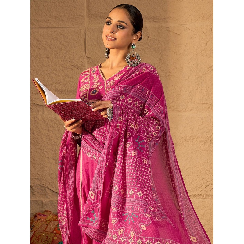 Indo Era Embroidered V-Neck Pure Cotton Straight Kurta With Trousers And Dupatta