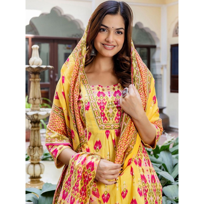 Indo Era Women Printed Panelled Sequinned Pure Cotton Kurta with Trousers & With Dupatta