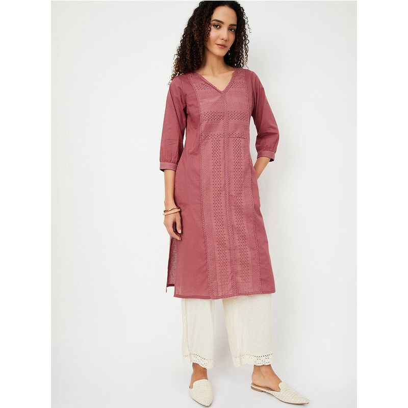 max Floral Woven Design V-Neck Straight Cotton Kurta