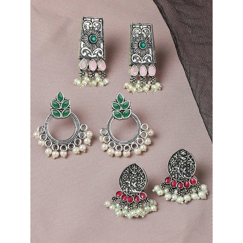OOMPH Set Of 3 Floral Oxidised Jhumkas