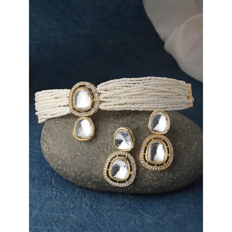 PANASH Gold-Plated CZ-Studded & Pearl Beaded Choker Jewellery Set