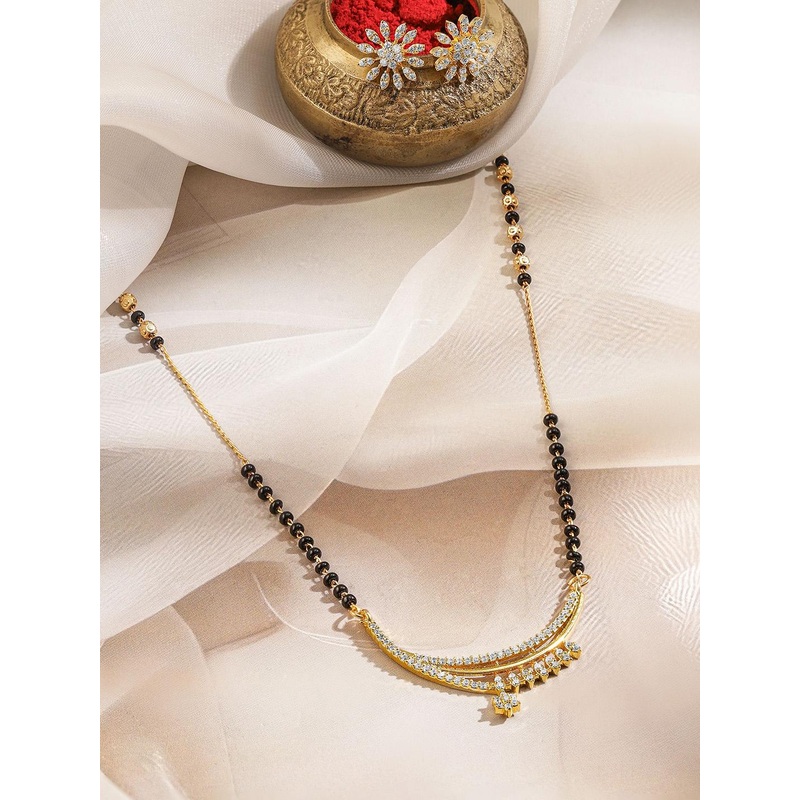 Rubans 18K Gold-Plated Cubic Zirconia Crescent Moon Mangalsutra Set with Black Beads Chain