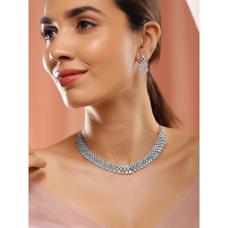 Rubans Women Rhodium Plated White Cubic Zirconia Studded Jewellery Set