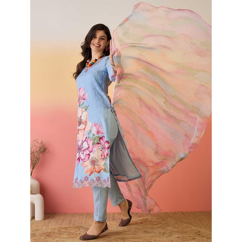 Sangria Blue Floral Printed Yoke Design V-Neck Kurta With Trouser And Dupatta