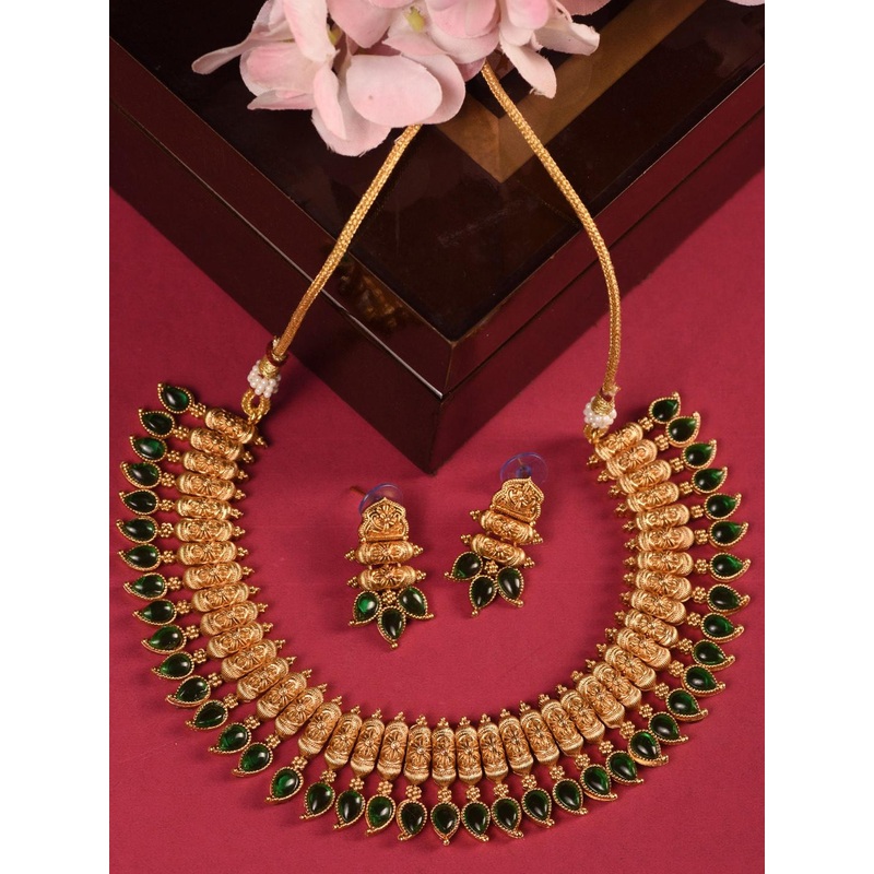 Saraf RS Jewellery Gold Plated Stone-Studded Temple Jewellery Set
