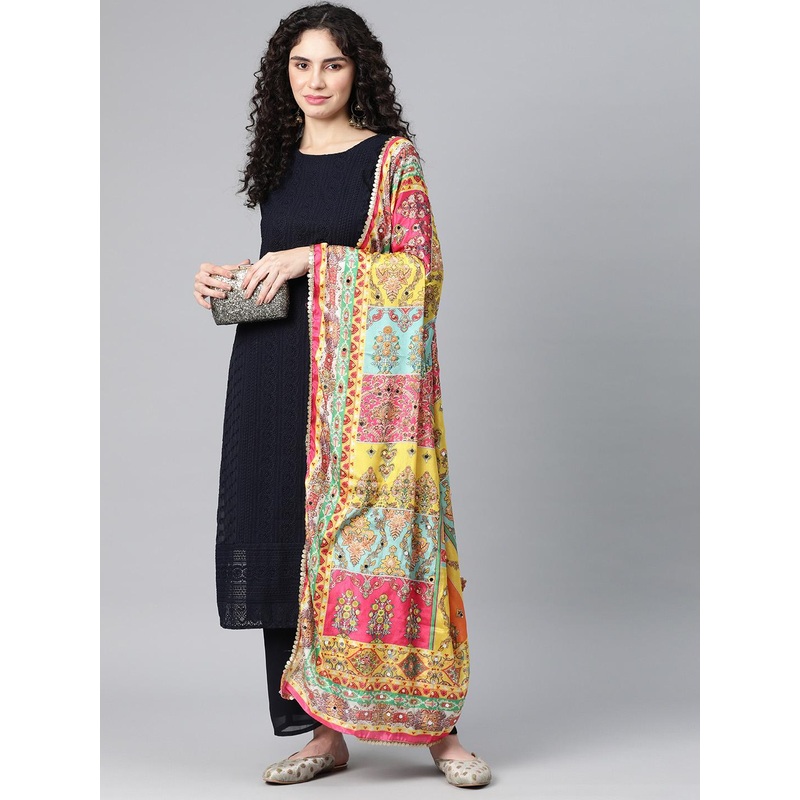 SWI Stylish Ethnic Motifs Printed Chiffon Dupatta with Mirror Work