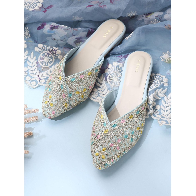 V-WALK Women Embroidered Mules Flats with Ethnic – Embellished