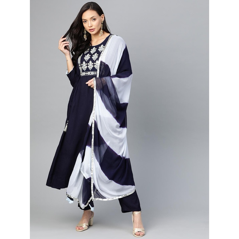 Yuris Women Navy Blue Pure Cotton Kurta with Trousers & With Dupatta