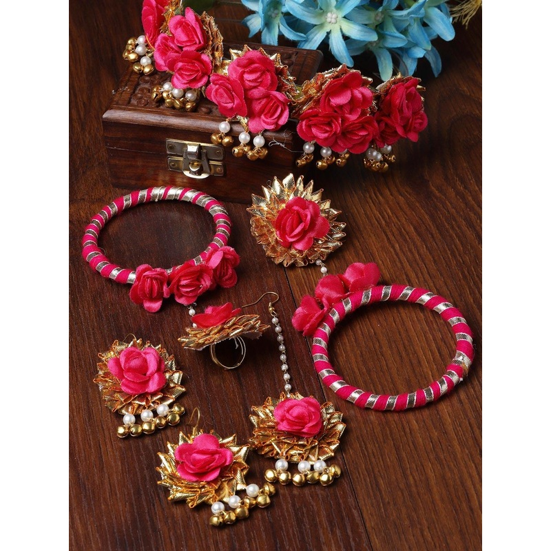 ZENEME Gold Plated Floral Beaded Haldi & Mehendi Jewellery Set