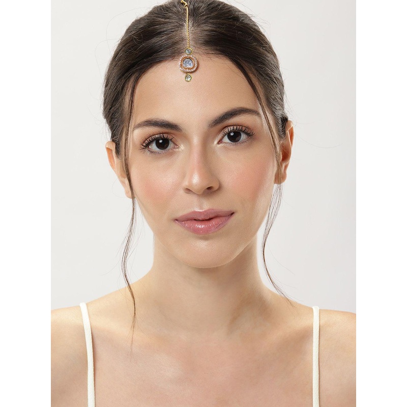 ABDESIGNS Gold-Plated Polki Kundan Studded and Pearls Beaded Maang Tikka