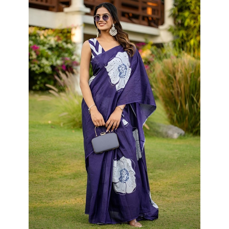all about you Floral Printed Pure Cotton Saree With Unstiched Blouse Piece