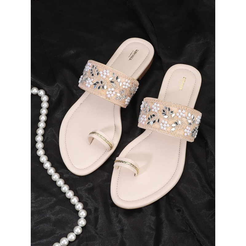 Anouk Cream-Coloured Embellished Ethnic One Toe Flats