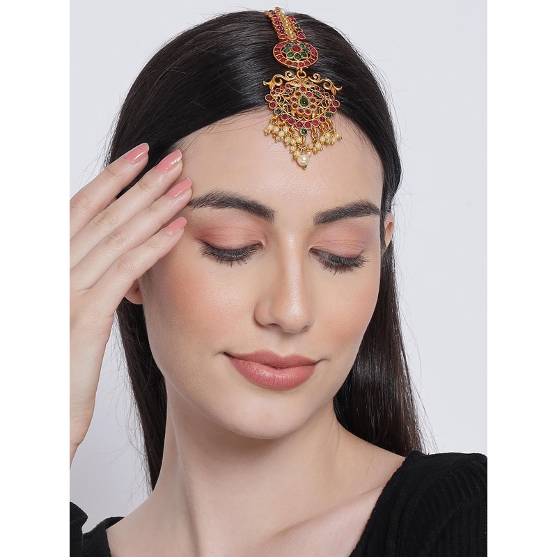 Anouk Red & Green Gold-Plated Stone-Studded & Beaded Maang Tikka