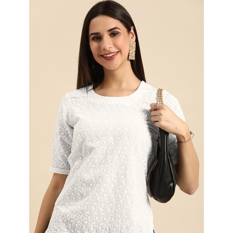 Anouk White Floral Chikankari Embroidered Pure Cotton Short Kurti