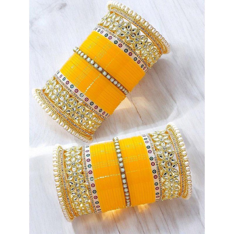 BeautyTrends Set Of 62 Gold-Plated Stone-Studded & Beaded Dulhan Chuda Bangles