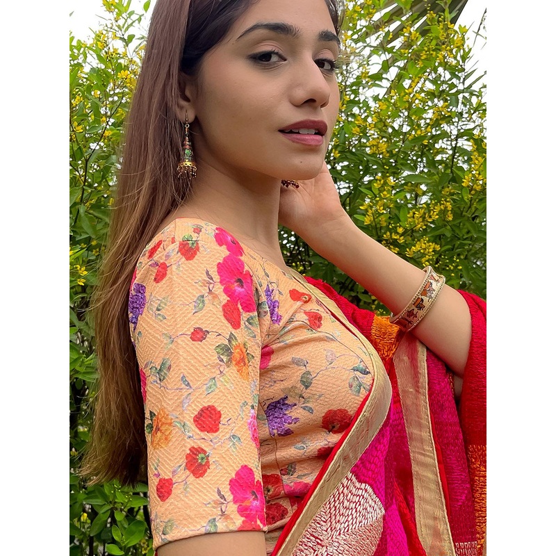 Bindigasm’s Advi Floral Printed Zari Jacquard & Lycra Saree Blouse