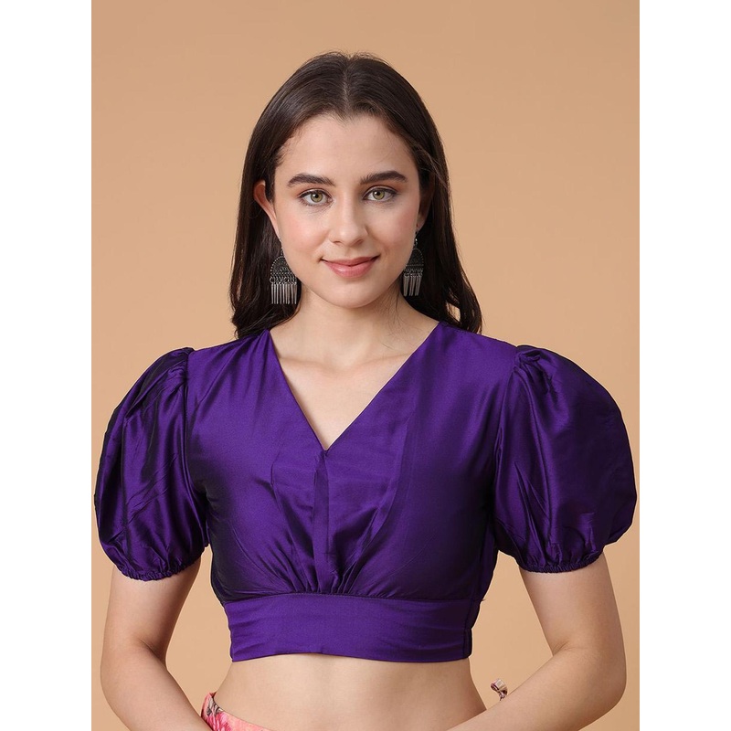 Frolic Rolic Purple Silk Blend V-Neck Puff Sleeves Blouse