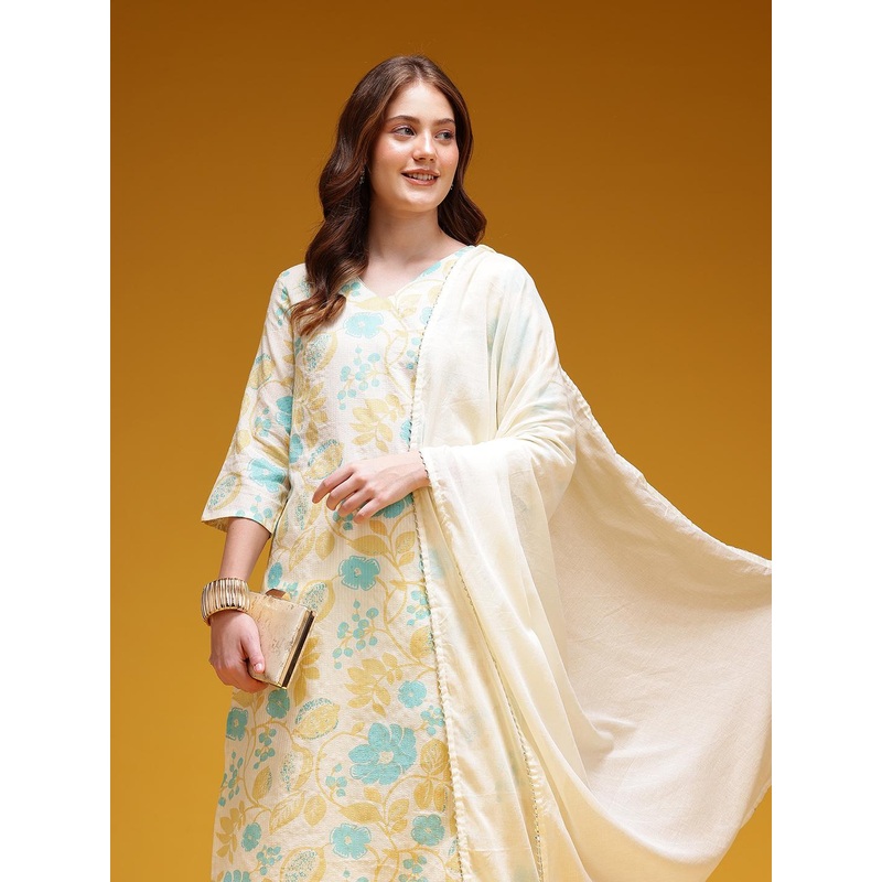 HERE&NOW Women Floral Printed Pure Cotton Kurta with Trousers & Dupatta